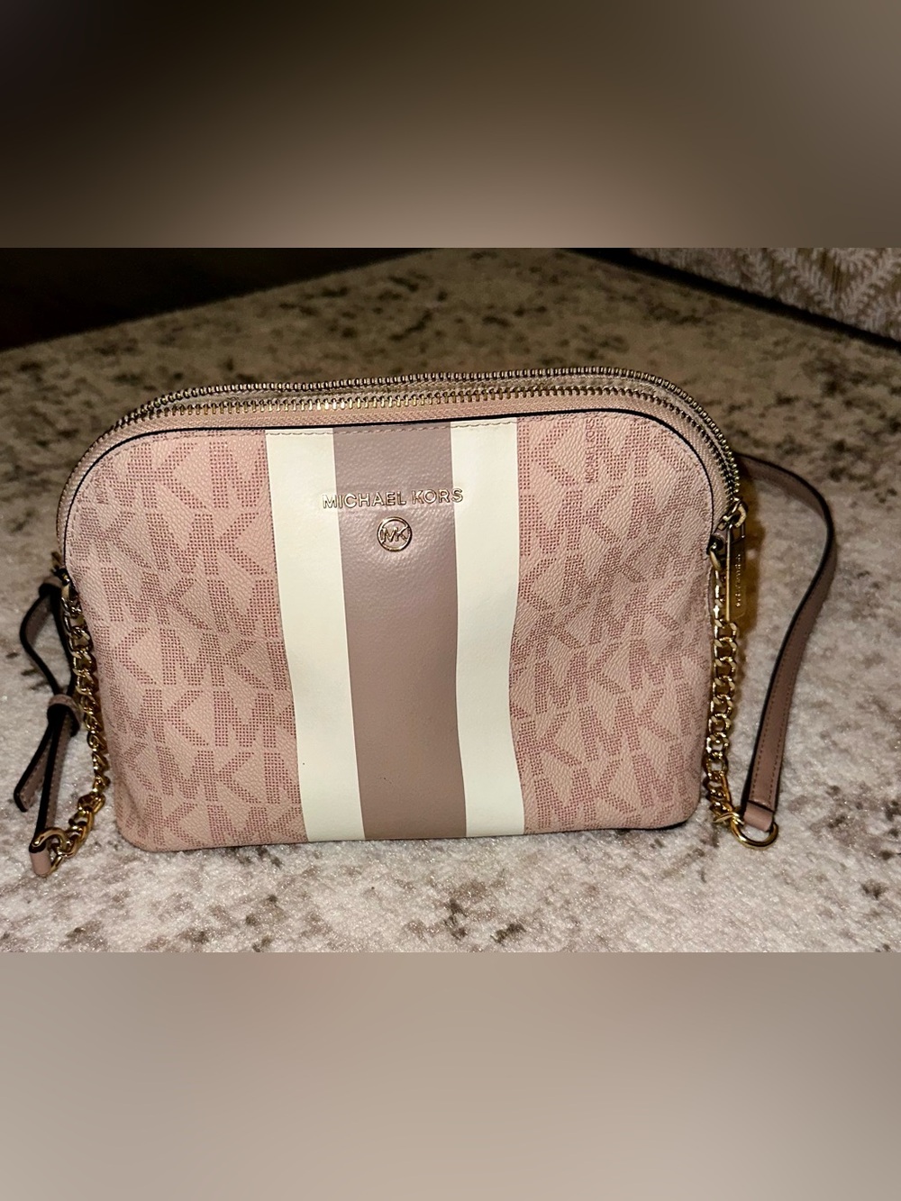 Michael Kors Pink and White Logo Stripe Crossbody Purse